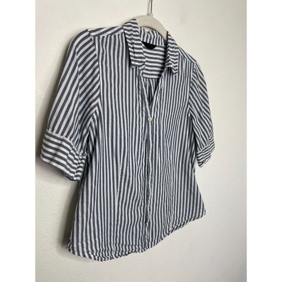 J.Crew XS Chambray Stripe Button Up Shirt Short Sleeve V-Neck Cotton Classicore - Picture 6 of 15